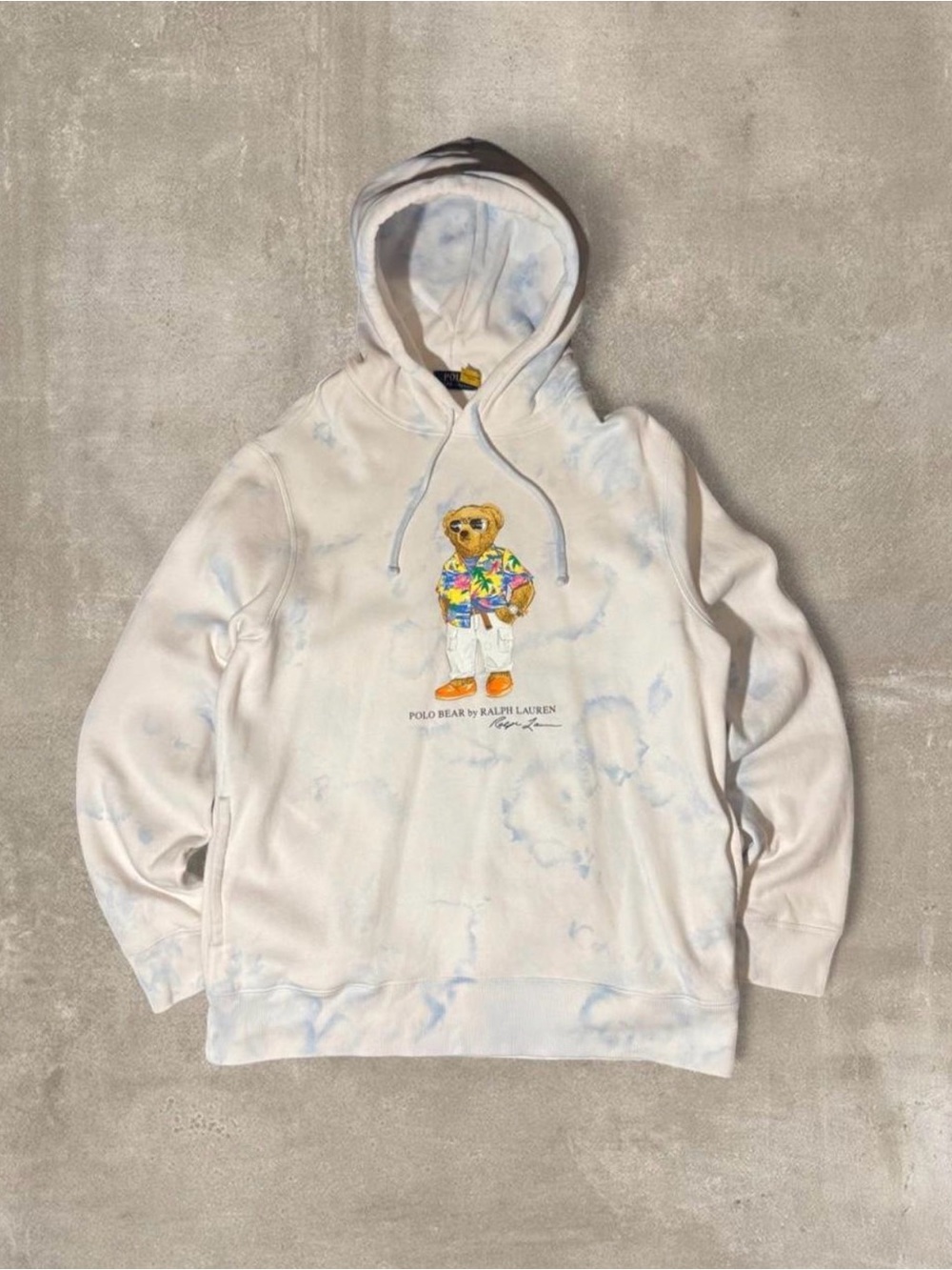 White Polo Ralph Lauren hoodie with blue tie-dye and bear